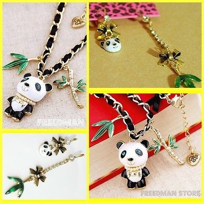   Panda GP chain ribbon choker necklace dangle earrings set N52E82