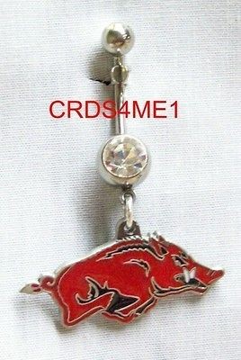 ARKANSAS RAZORBACKS RED HOG CLEAR GEM DANGLE BELLY RING NEW