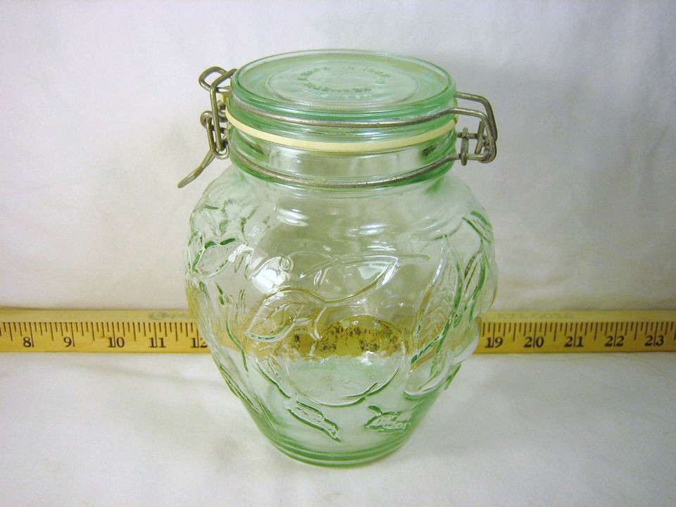 Green Glass Hermetic Jar with Embossed Fruit Made in Italy