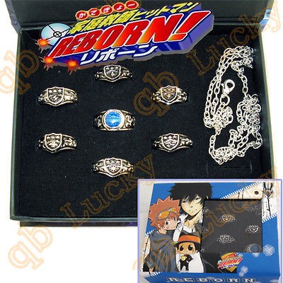 Cos Katekyo Hitman Reborn Vongola 7 rings & Necklace/chain NIB Free 