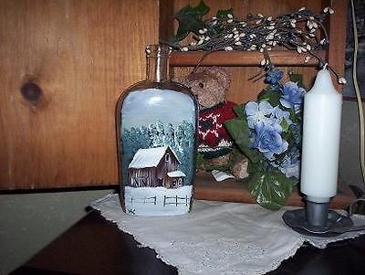 Primitive whiskey bottle w/hp winter barn scene