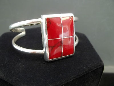 SILVER GENUINE OXBLOOD CORAL INLAY CUFF BRACELET HANDCRAFT TAXCO 