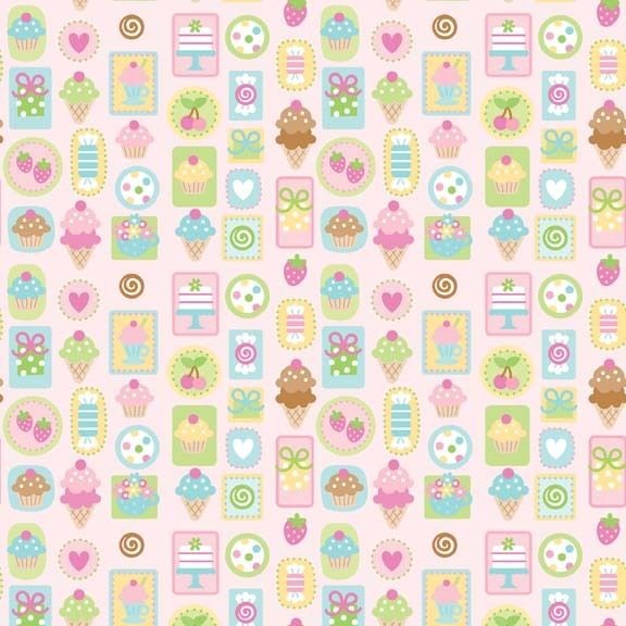   Sweet Treats cupcake, ice cream cone, candy, fruit on pink 1/2 yd