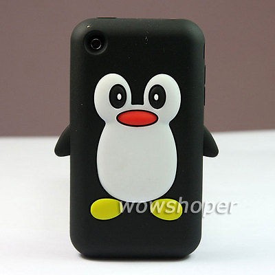 3D Penguin Silicone Soft Skin Case Cover For Apple iphone 3G 3GS Black