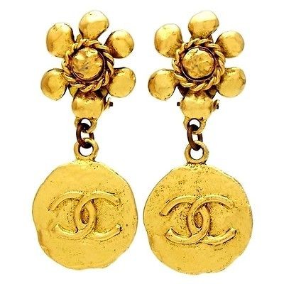 Authentic vintage Chanel earrings flower CC logo round dangle COCO # 