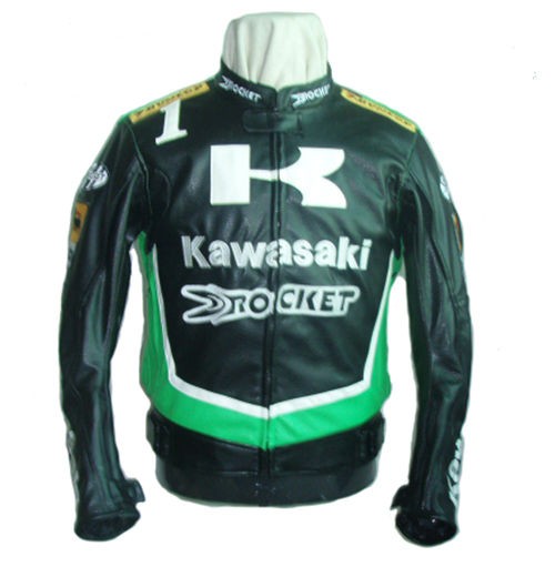 Kawasaki MOTORCYCLE JACKET, BIKERS RACING JACKET PU LEATHER Black and 