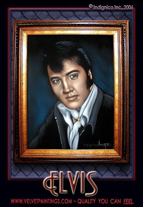 Velvet Elvis Painting of Flamboyant Black Leather Clad King in Poofy 