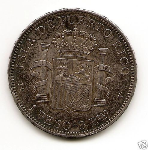 PESO=5 PTAS 1895 PUERTO RICO/SPAIN ALFONSO XIII RARE