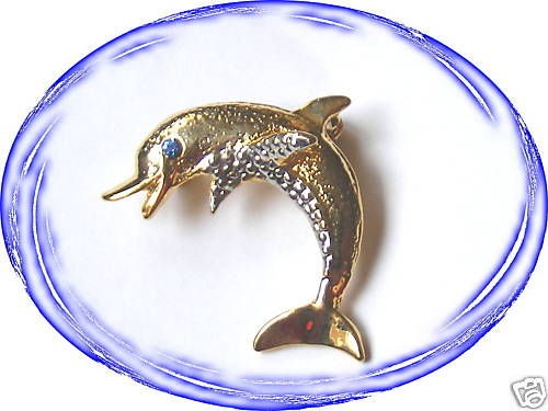 PIERRE CARDIN GOLD BLUE CRYSTAL GEM DOLPHIN BROOCH PIN FREE UK POST