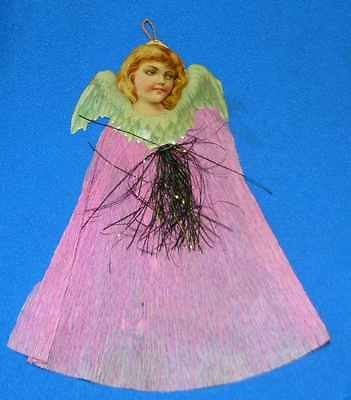 VTG VICTORIAN SCRAP ANGEL, W LEAD TINSEL/CREPE PAPER ANTIQUE XMAS 