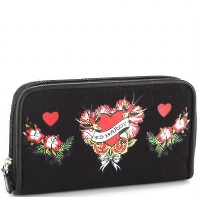 Ed Hardy Kim Flower Girl Zip Around Wallet   Black