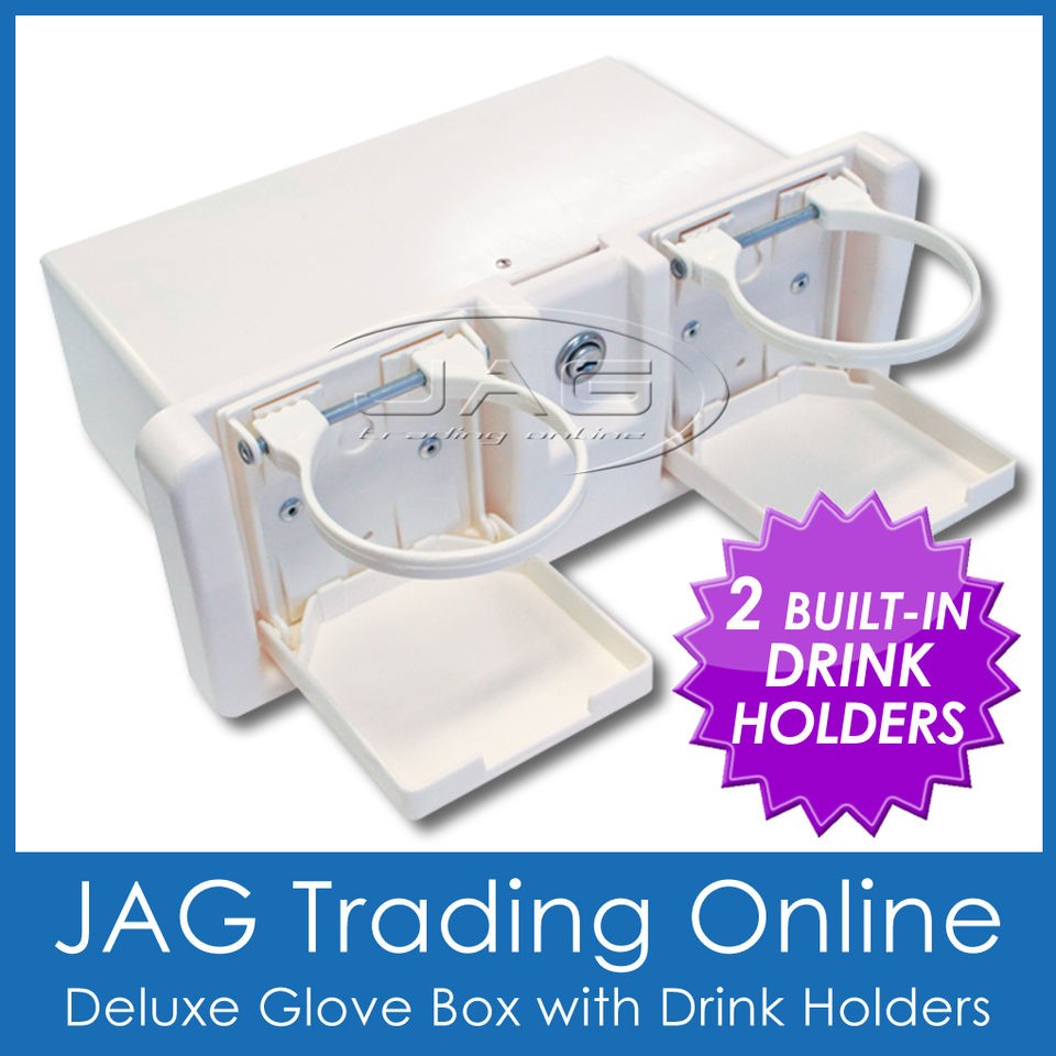 WHITE DELUXE STORAGE RECESSED GLOVE BOX WITH DRINK HOLDERS & LOCK 