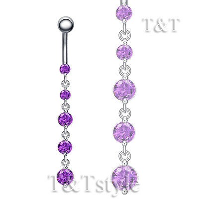 Purple CZ Long Dazzling Dangle Belly Bar Ring BL155C