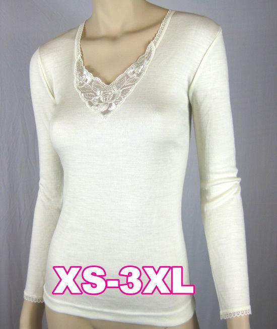 Lady Girl Motif Neck Long Sleeve PURE Merino Wool Thermal Underwear 