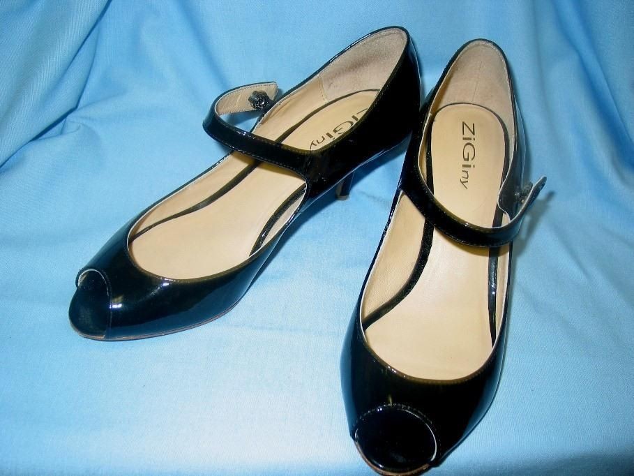 ZIGINY BLACK PATENT LEATHER OPEN TOE HEELS PUMPS SHOES DEB SIZE 8.5 B