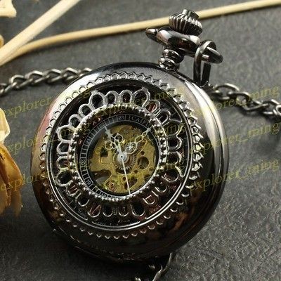   Black Hand Winding Skeleton Men Unisex Mechanical Pocket Watch