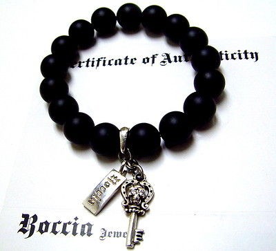 Mens Real White Diamond Skull Bracelet With Black Onyx Beads Strech 