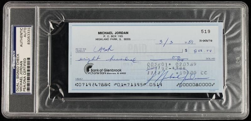 BULLS MICHAEL JORDAN DOUBLE HAND SIGNED 1989 CHECK PSA/DNA SLABBED 