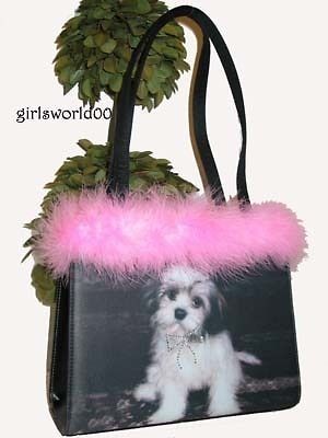 SHIH TZU PUPPY ~ HAVANESE ~ DOG ~ LARGE BOX PURSE   PINK FEATHER TRIM