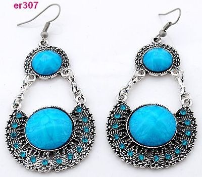 blue Tibetan Silver exquisite Crystal Beaded dangle dragon Earring 