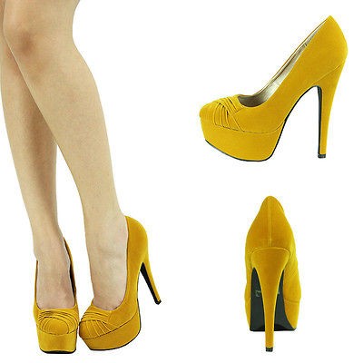 MUSTARD YELLOW PLEATED HIGH HEEL PLATFORM STILETTO WOMENS SHOE SANDAL 