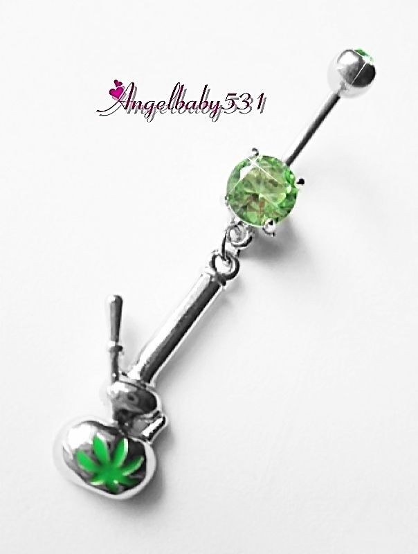 Silver Bong Green Pot Leaf Dangle Belly Ring Bar Navel Ring SO CUTE