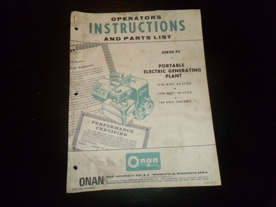 VINTAGE ONAN PORTABLE ELECTRIC GENERATINGPLANT INSTRUCTION PARTS LIST 