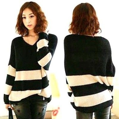 L651 Korea Women Knitting Knitwear Sweater Stripes V neck Jumpers 