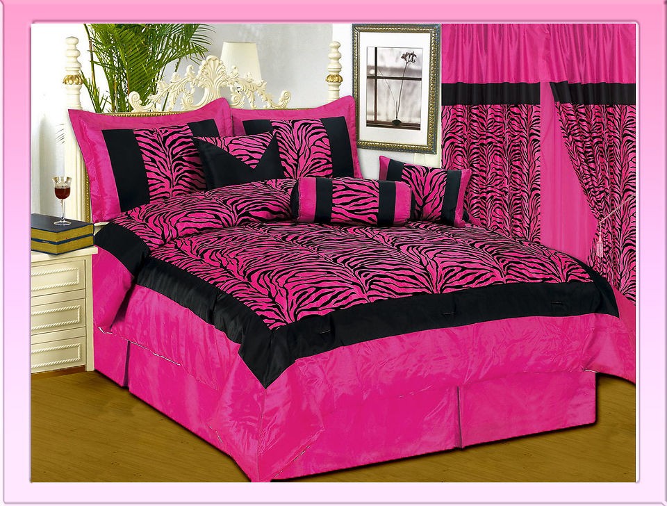   2012 Flocking Safari Zebra Comforter Set Bed In A Bag King Black/Pink