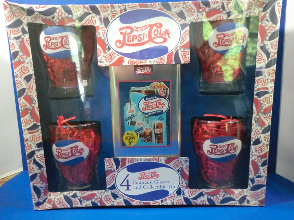 Pepsi Set of 4 Fountain Glasses & Collectible Tin & Cracker Jack Bag 