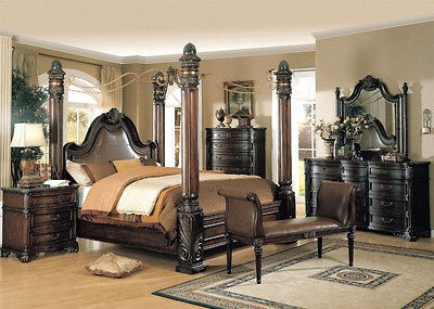   Walnut Brown King Canopy Poster Leather Marble Bed Bedroom Set