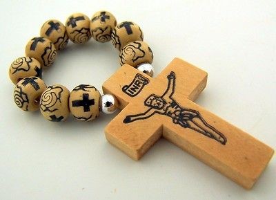 Needzo PLC Mens Womens 2 1/4 Tan Wood Black Cross Rose Bead Finger 