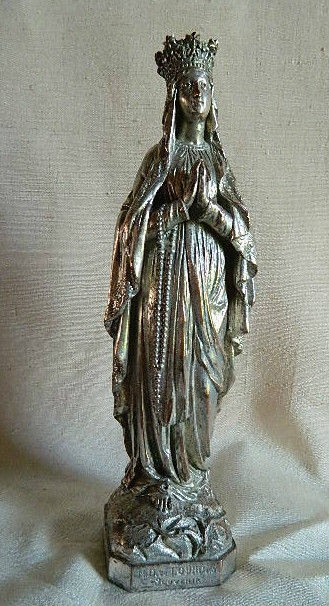 ANTIQUE 1 VIRGIN MARY LOURDES STATUE SILVER PLATED CAST METAL