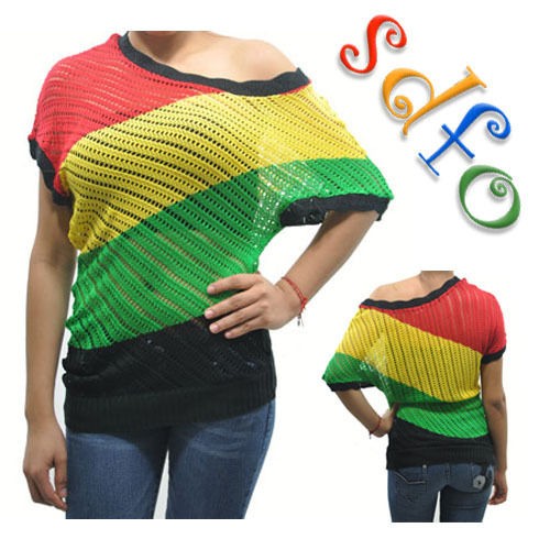   Ladies Fishnet Top Off Shoulder Reggae Knit Unbalanced Tunic HRA7430