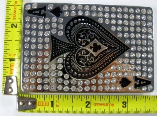 ACE OF SPADES METAL BELT BUCKLE CLEAR CRYSTAL RHINESTONE GEMS NEW B314