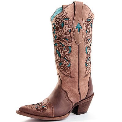 Womens Corral Western Boot Brown & Turquoise Laser Tool C1620