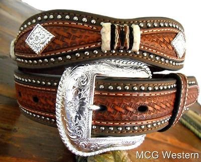 WESTERN NOCONA MENS LEATHER BELT W/CONCHOS & BUCKLE