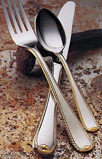 Gorham Golden Ribbon Edge 69pc Stainless Flatware 24kt Gold Set NEW