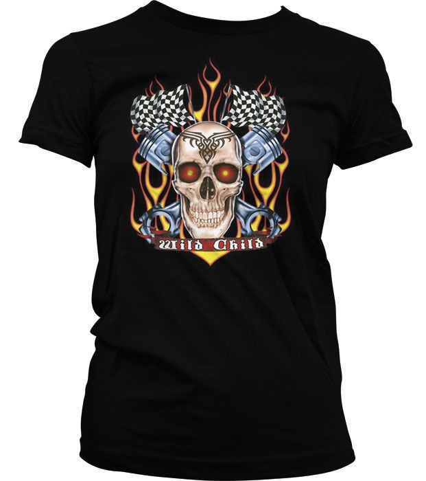 Wild Child Skull Flames Piston Race Tattoo Gothic Death Girls Juniors 