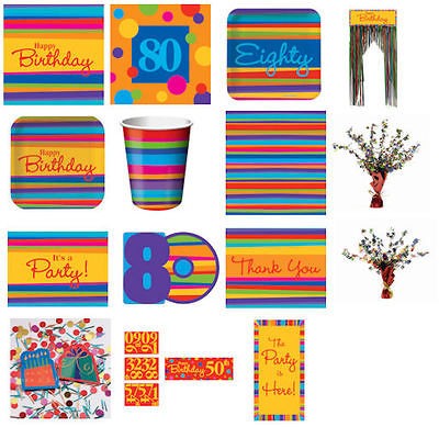 80th Birthday Stripes Party Tableware, Decorations Etc