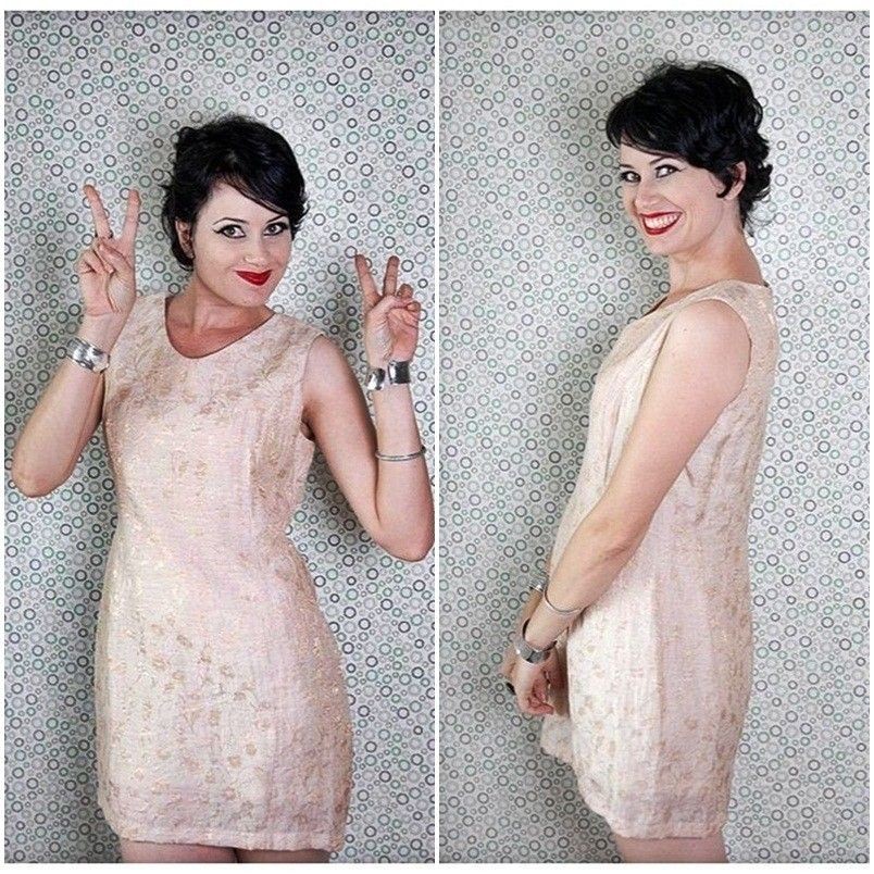 CREAM & GOLD Mini COCKTAIL Party Wedding GUEST Vintage Dress Size 10 