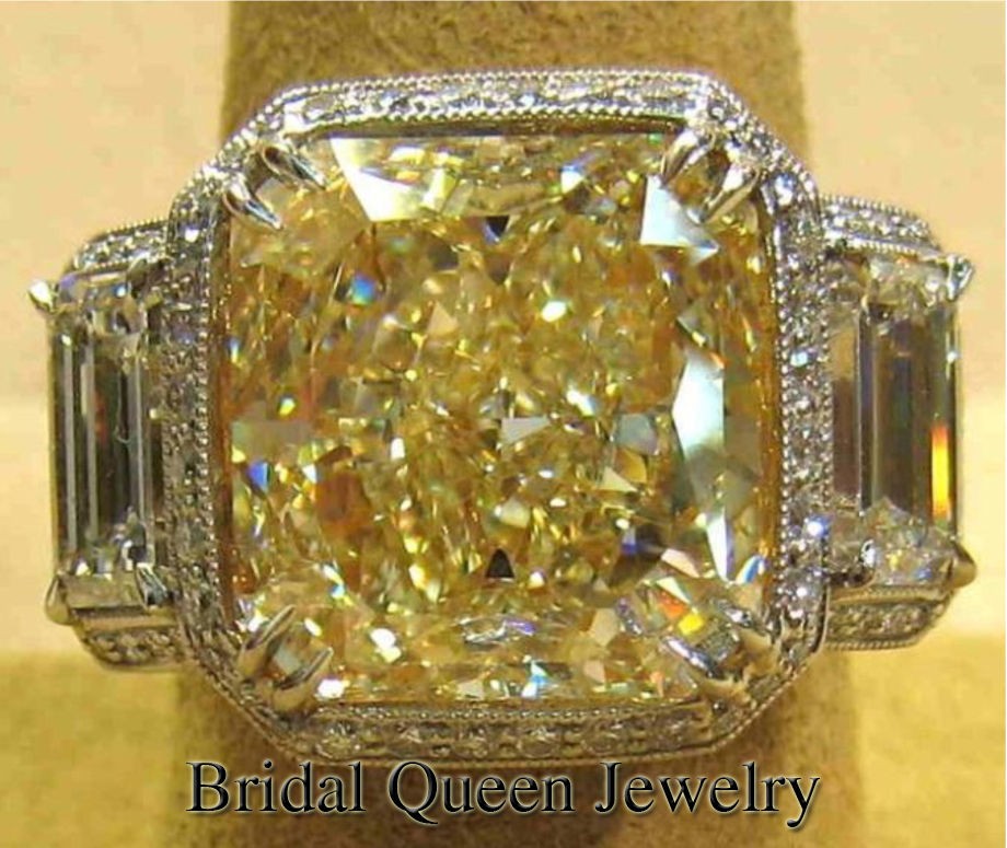   Yellow Radiant Cut Certified Diamond Three 3 Stone 18k White VVS1