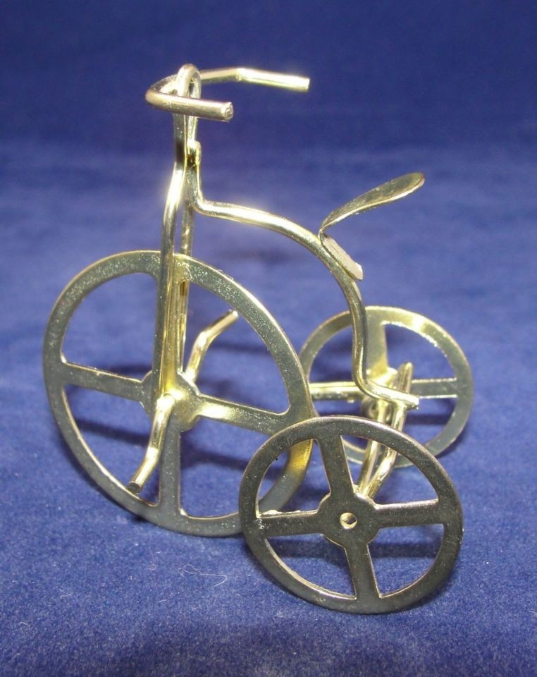 Vtg 2.3 Gold Metal High Wheel Bicycle Tricycle Christmas Ornament or 