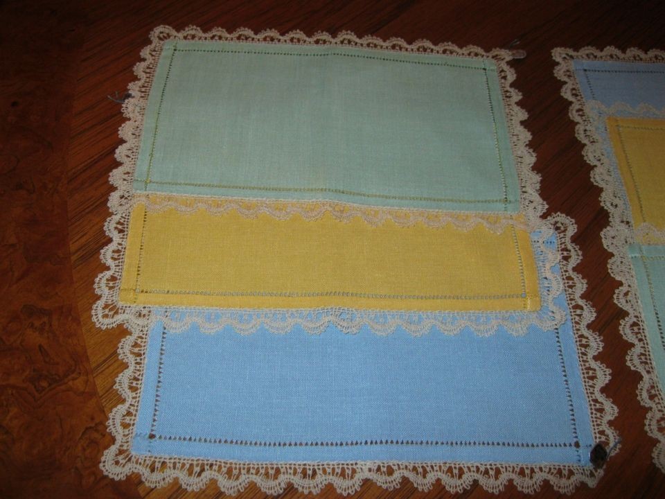 SIX VINTAGE LINEN HEMSTITCH LACE TRIM MADE IN BELGIUM COCKTAIL 