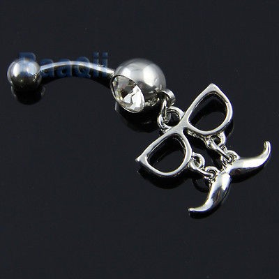   STEEL BARBELL BAR GLASSES MOUSTACHE DANGLE NAVEL BELLY RING JW110