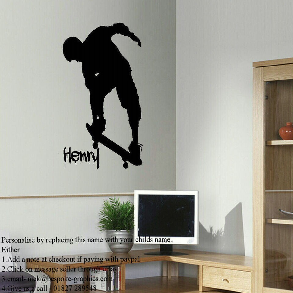 GIANT PERSONALIZED SKATEBOARDER CHILDRENS ART BEDROOM WALL STICKER 