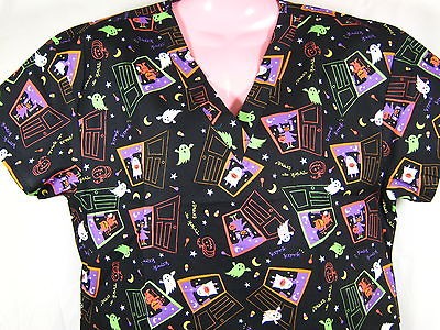   Nursing Cartoon Scrubs Top Halloween Trick or Treat Black MEDIUM