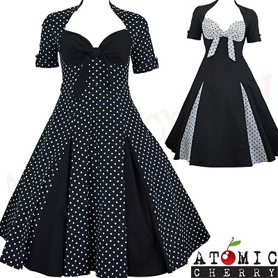 Pleated Polka Dot Rockabilly Dress Pin Up Swing 50s 40s