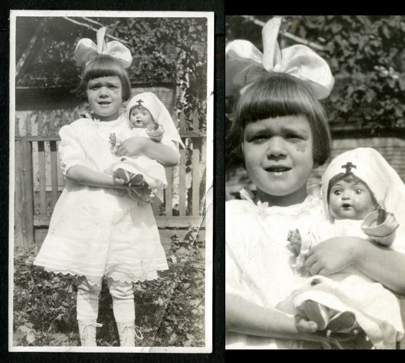 RIBBON HAIR GIRL & VINTAGE DOLL in NURSE COSTUME 1910s PHOTO