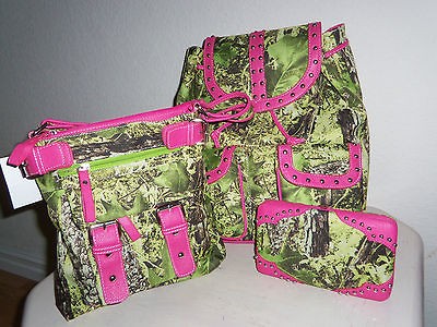   CAMO & PINK BACKPACK W MESSENGER BAG PURSE & MATCHING CLUTCH WALLET